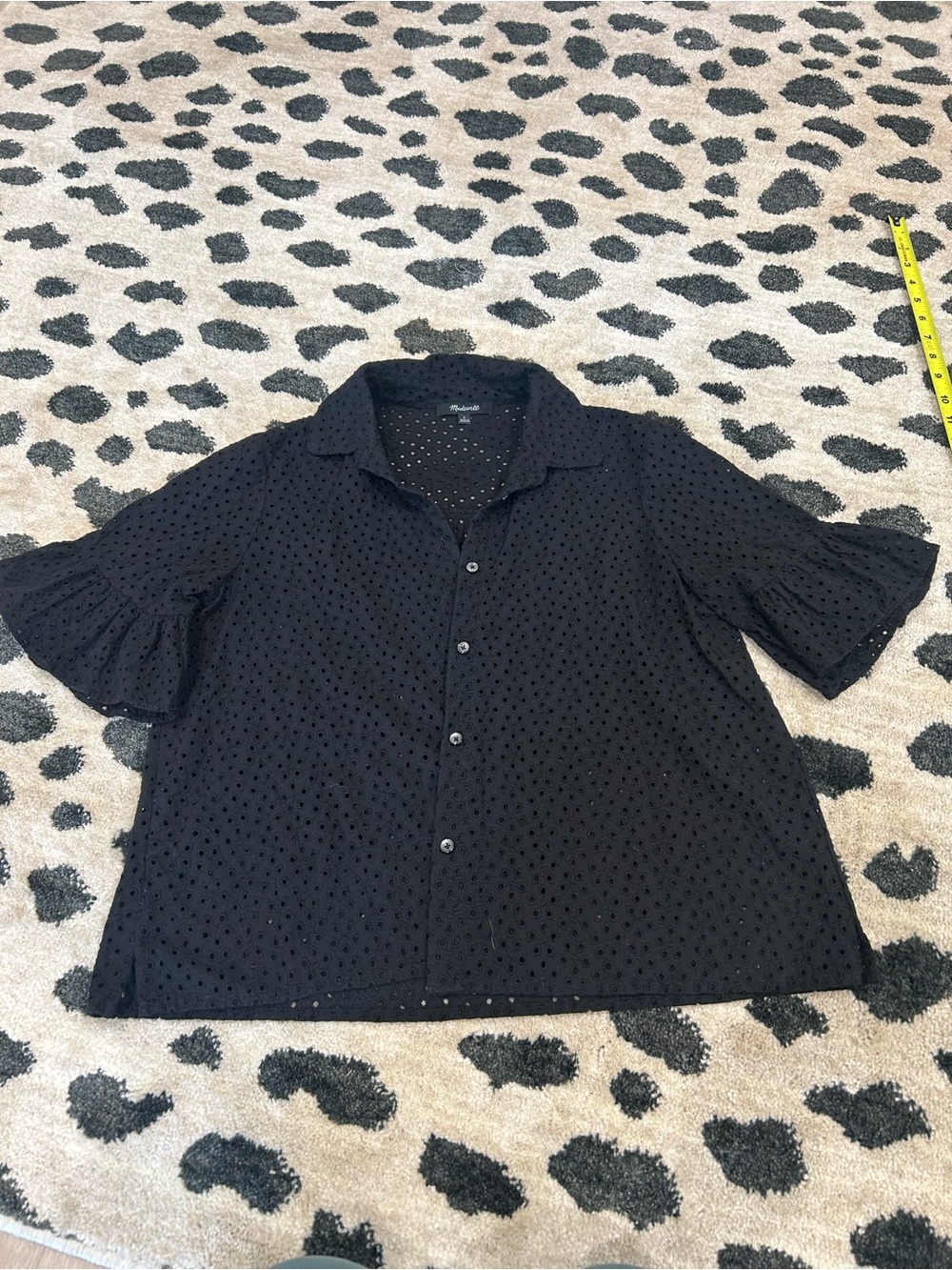 Madewell Black Collared Button Down Short Sleeve Eyelet Blouse- Small